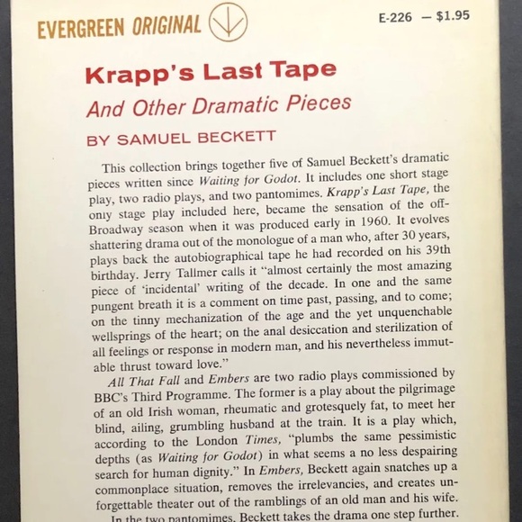Samuel Beckett / Krapp's Last Tape and other dramatic pieces 1st Edition 1960 - Picture 2 of 3